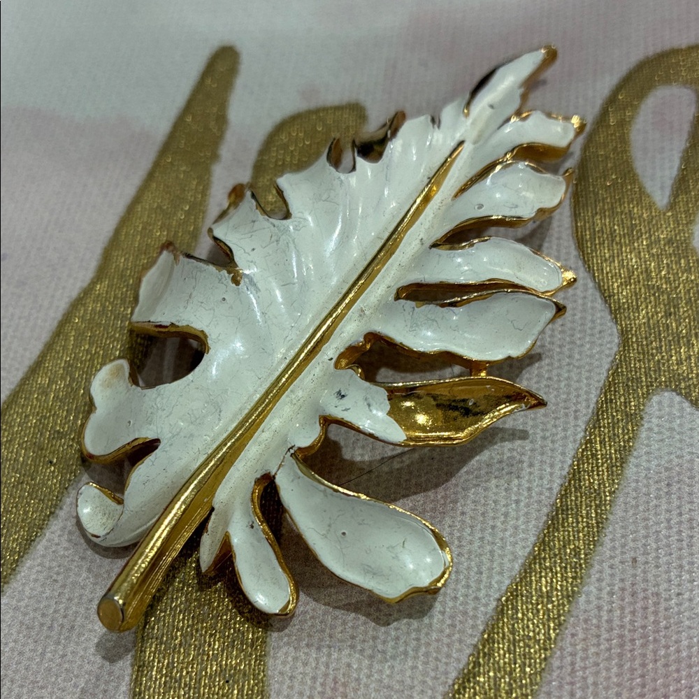 White and Gold Leaf Brooch – Signed ART Elegant Women's Jewelry